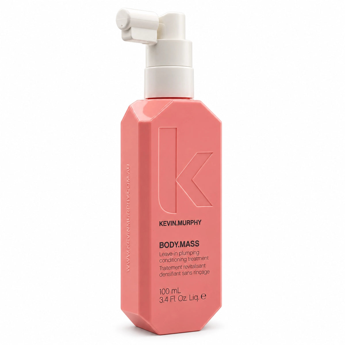 Kevin Murphy Body.Mass Leave-in Purging Conditioning Treatment in a coral pink octagonal bottle with a white pump dispenser, shown on a white background.
KEVIN.MURPHY ケビンマーフィー ボディマス 100ml 洗い流さないトリートメント
