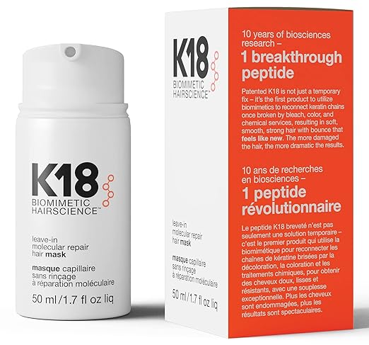 K18 biomimetic hairscience leave-in molecular repair hair mask with packaging.

リーブイン ヘアマスク 50ml 洗い流さないトリートメント