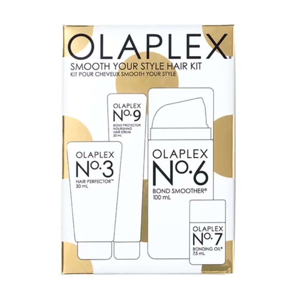 Olaplex hair styling kit packaging with bottles labeled No.3, No.6, No.7, and No.9 displayed.

Olaplex スムースユアスタイル ヘアキット No.3 No.6 No.7 No.9。