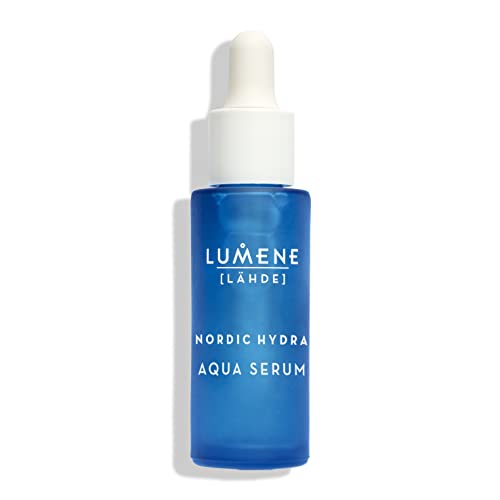 A blue bottle with a white dropper containing the Lumene LÄHDE Nordic Hydra Aqua Serum, clearly labeled for moisturizing and hydrating the skin.

Lumene LÄHDE アークティックデュー アクアセラム 30ml。